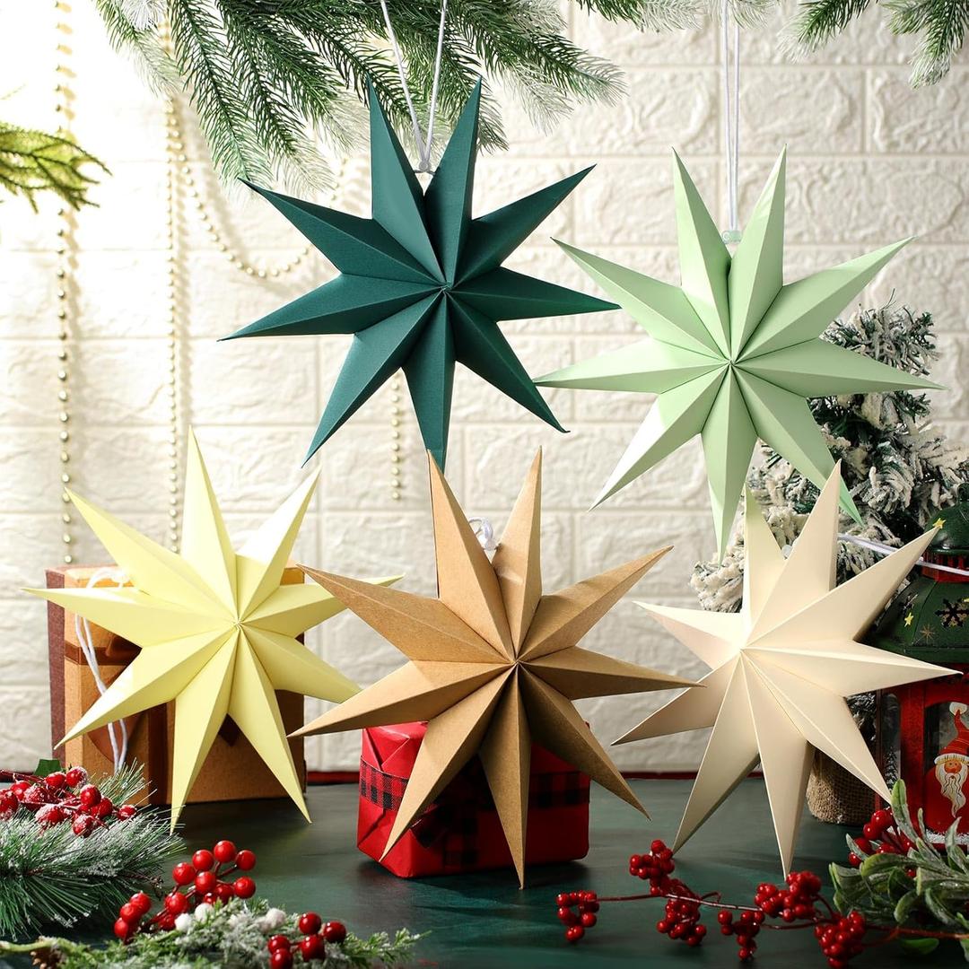 15 Pcs Christmas 3D 9 Pointed 12 Inch Paper Star Lanterns Hanging Lamp Paper Lantern Lamp Shade Sage Green Christmas Ornaments Estrellas De Papel Navidad for Birthday Party Decor Xmas Decorations