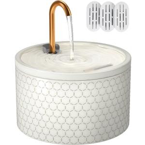MISFANS Ceramic Cat Water Fountain - 2.1L/71oz - Honeycomb Embossed All-Ceramic Body & Pure Copper Spout - Non-Toxic & Automatic Pet Drinking Fountain Indoor with Ultra-Quiet Pump, 3 Filters & Sponge