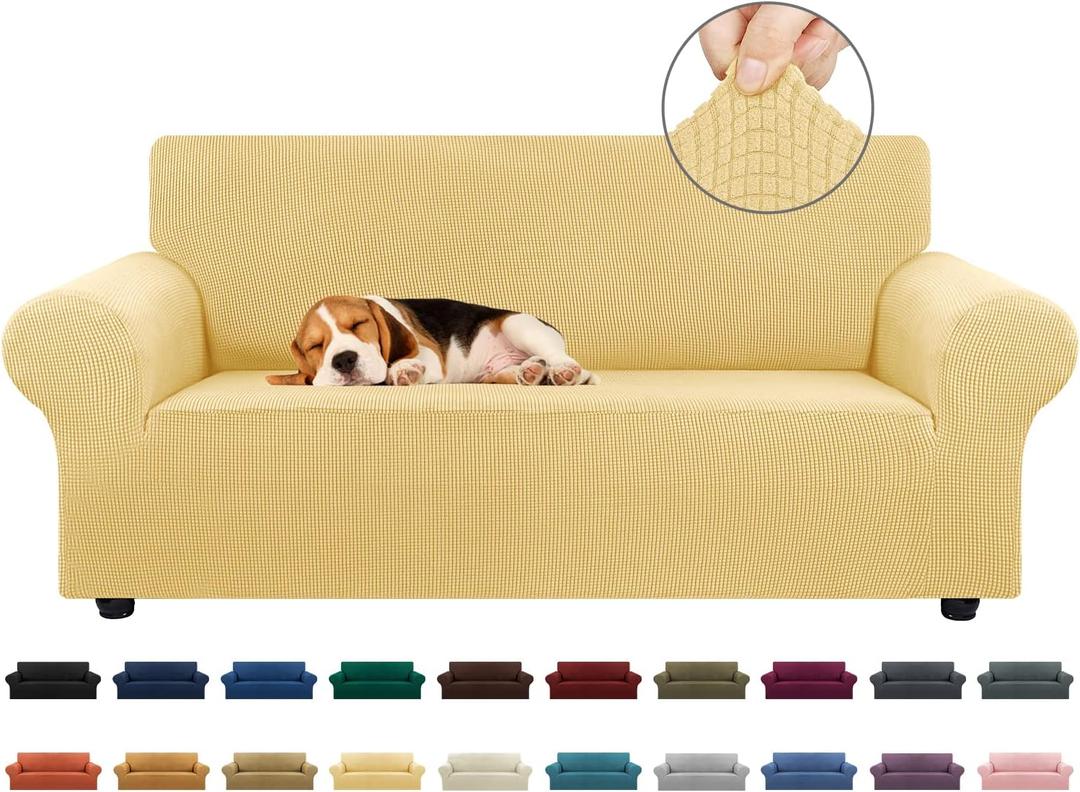 KEKUOU Stretch Loveseat Sofa Cover Slipcover, Couch Covers for 2 Cushion Couch Sofa (55"-78") Furniture Protector Sofa with Elastic Bottom for Kids, Dog. Jacquard Small Checked(Medium, Champagne)