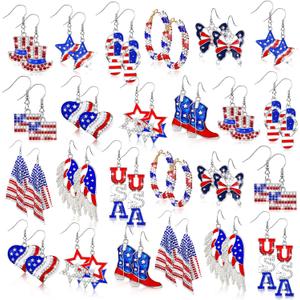 Bucherry 24 Pairs 4th of July American Flag Earrings - Dangle, Patriotic, Red, White & Blue - Independence Day, Bulk Gift for Women