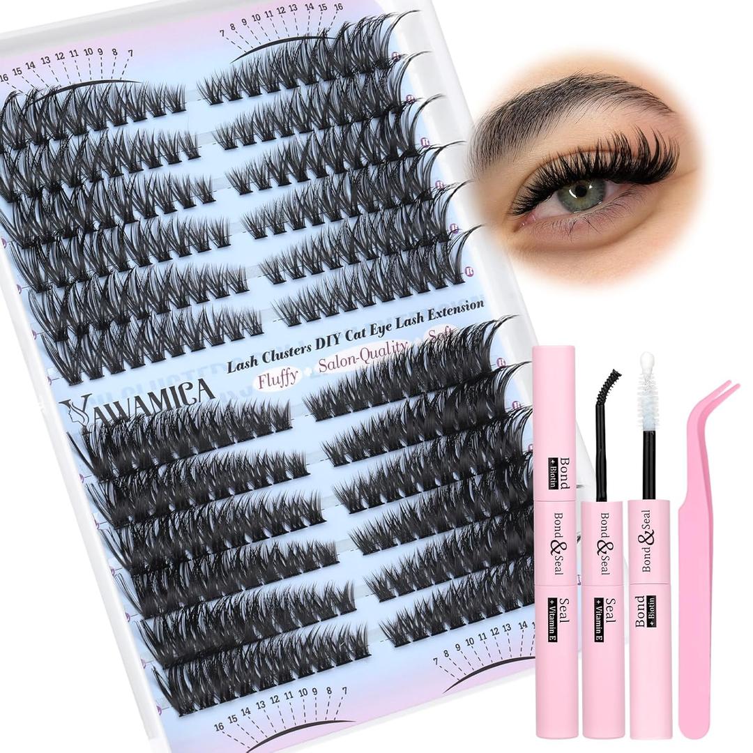 Yawamica Lash Extension Kit 50D 80D Cat Eye Lashes Clusters Kit 7-16mm Wispy Cluster Eyelash Extensions Kit D Curly Eyelash Clusters 240pcs Individual Lashes with Bond and Seal Lash Tweezers DIY Lash