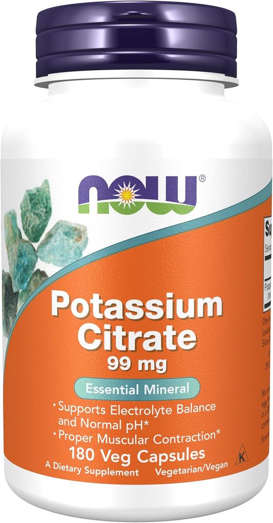 NOW Foods Supplements, Potassium Citrate 99 mg, Supports Electrolyte Balance and Normal pH*, Essential Mineral, 180 veg Capsules (EXP 12/01/29)