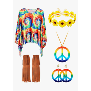 Unittype 60s 70s Outfits for Women Hippie Costume Accessories Set Tie Dye Poncho Costume for Cosplay Party