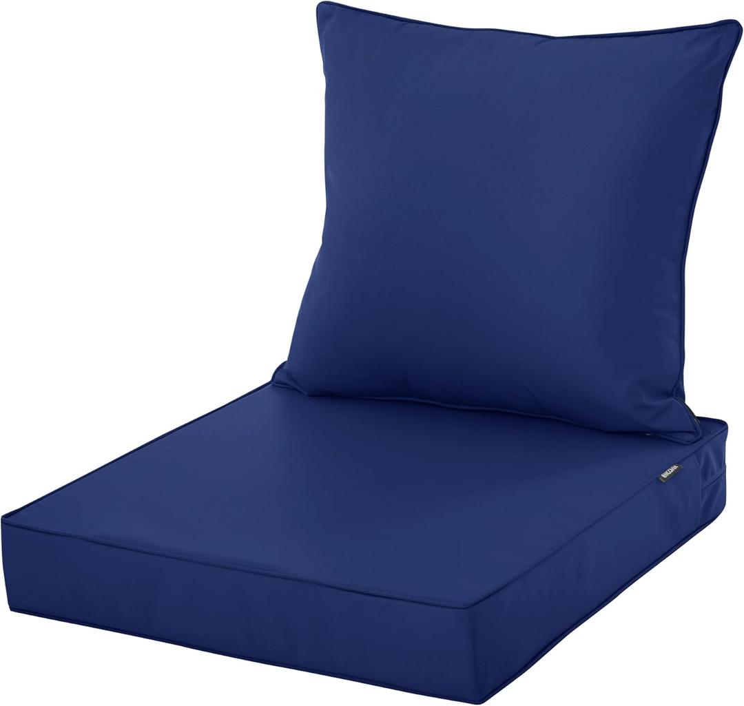 Outdoor Chair Cushions, Waterproof Fade Resistant Deep Seat and Backrest Cushion Set for Patio Furniture, Navy, 24x24 Inch
