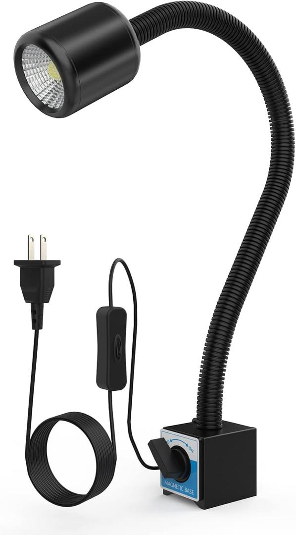 LED Machine Light with Strong Magnetic Base and Flexible Gooseneck for Lathe and Drill Press, 1200 Lumens, 12W 120V