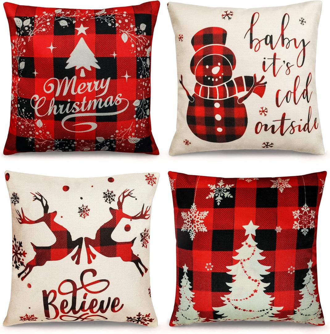 TDHDIKE Farmhouse Christmas Pillow Covers - 18x18 Inch Set of 4, Sofa Couch Decorations