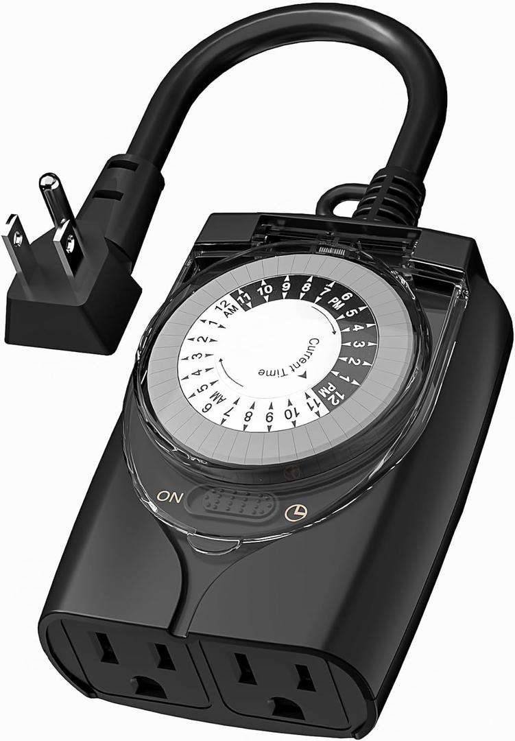 HBN Outlet Timer, 24 Hour Mechanical Outdoor Timer for Pool Pump, Plug in Timer Waterproof, 2 Grounded Timer Outlets for String Lights and Holiday Decorations, 15A 1/2HP