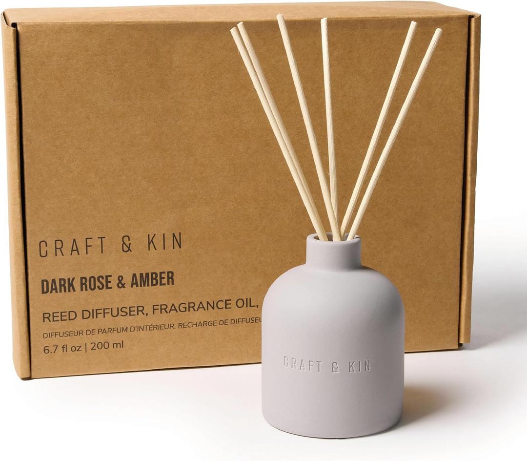 Craft & Kin Christmas Reed Diffuser for Home & Bathroom  Rose & Oud Holiday Reed Diffuser Set with Fragrance Sticks, Long-Lasting Alcohol-Free Scent, Earthenware Collection, 6.7oz