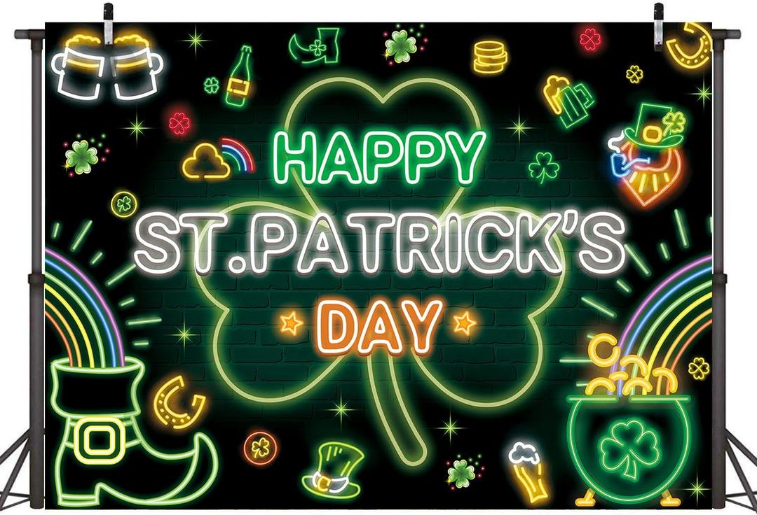 Happy St. Patrick's Day Backdrop Neon St. Patrick's Day Photography Background Ceremony Party Holiday Decoration (7x5ft)