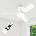 35" White Ceiling Fans with Lights and Remote, Low Profile Ceiling Fan with Light, Reversible DC Motors, 3CCT Dimmable Timer Noiseless, Flush Mount Ceiling Fan for Bedroom/Living Room