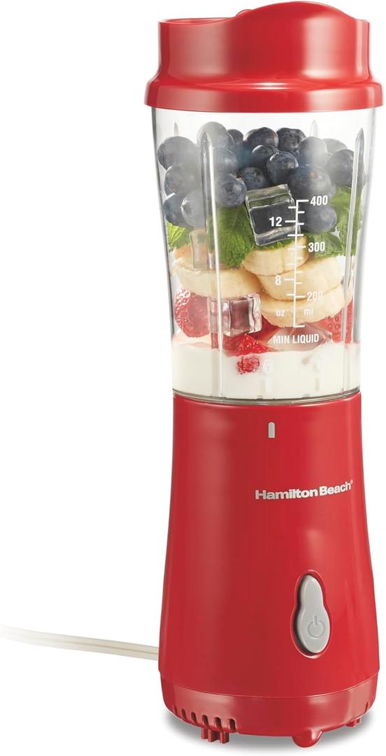 Hamilton Beach Portable Blender for Shakes and Smoothies, 14 Oz BPA Free Travel Cup & Lid, Durable Stainless Steel Blades, Personal Smoothie Blender, Red (51101RV)