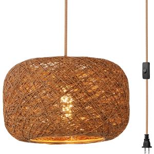 Plug in Pendant Light with Woven Rattan Lampshade, 12 Boho Hanging Lamp with 15FT Cord & On/Off Switch, E26 Socket, Ceiling Hook Installation for Bedroom Living Room Dining Nook Apartment