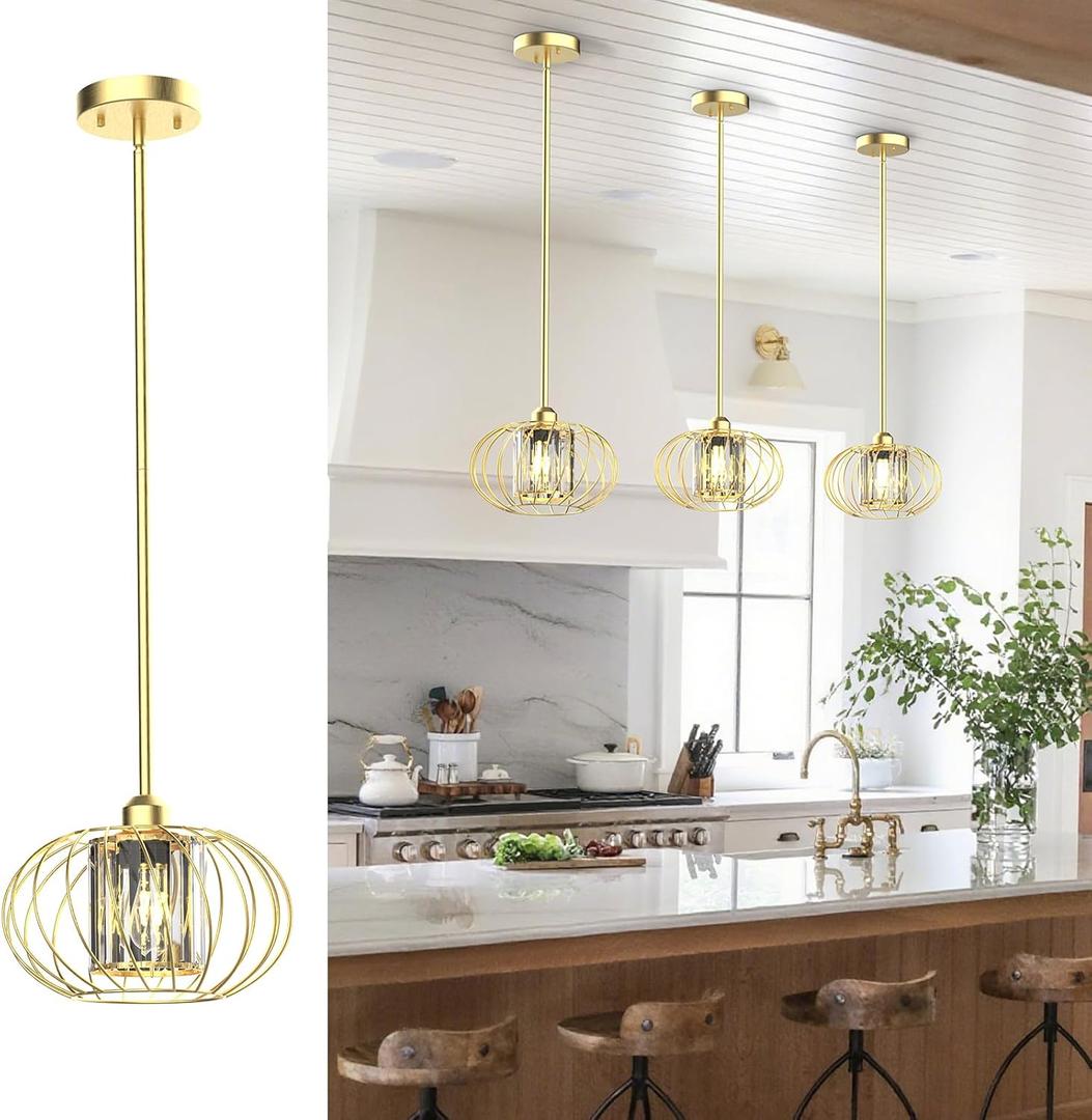 Brushed Gold Pendant Lights Kitchen Island, Modern Gold Crystal Pendant Light Fixtures with Adjustable Rod, Mini Chandelier Hanging Pendant Lights for Kitchen Hallway Dining Room Bedroom(1 Pack)