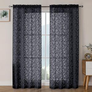 OWENIE Leyna Black Sheer Curtains 72 Inches Long for Bedroom 2 Panels Set, Light Filtering Clip Jacquard Textured Living Room Curtains, Rod Pocket Leaves Door Drapes, Each 40Wx72L Inch
