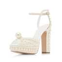 Goolita Womens Open Toe Pearl Platform Heels For Women Chunky Buckle Ankle Strap Wedding Heeled Sandals Dress Evening Bride Bridal Shoes, Size 37