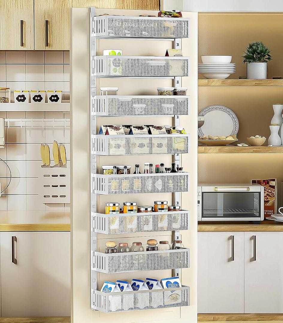 DAOTENGQL 8-Tier Over The Door Pantry Organizer with Mesh Baskets, Adjustable & Stable Hanging Spice Rack for Kitchen, Bathroom, Bedroom, and Baby Essentials Storage (16" W 8-Tiers, White)