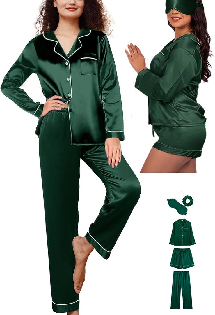 WJing Yi Jia 5Pcs Womens Silk Satin Pajamas Sets Long Pj Sets Button Down Pjs Set Loungewear Sleepwear (Green, XL)