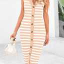 BTFBM Casual Women Spring Dresses 2025 Sleeveless Striped Midi Button Down Dress Ribbed Knit Cardigan Cover Up Dress (Orange, S)