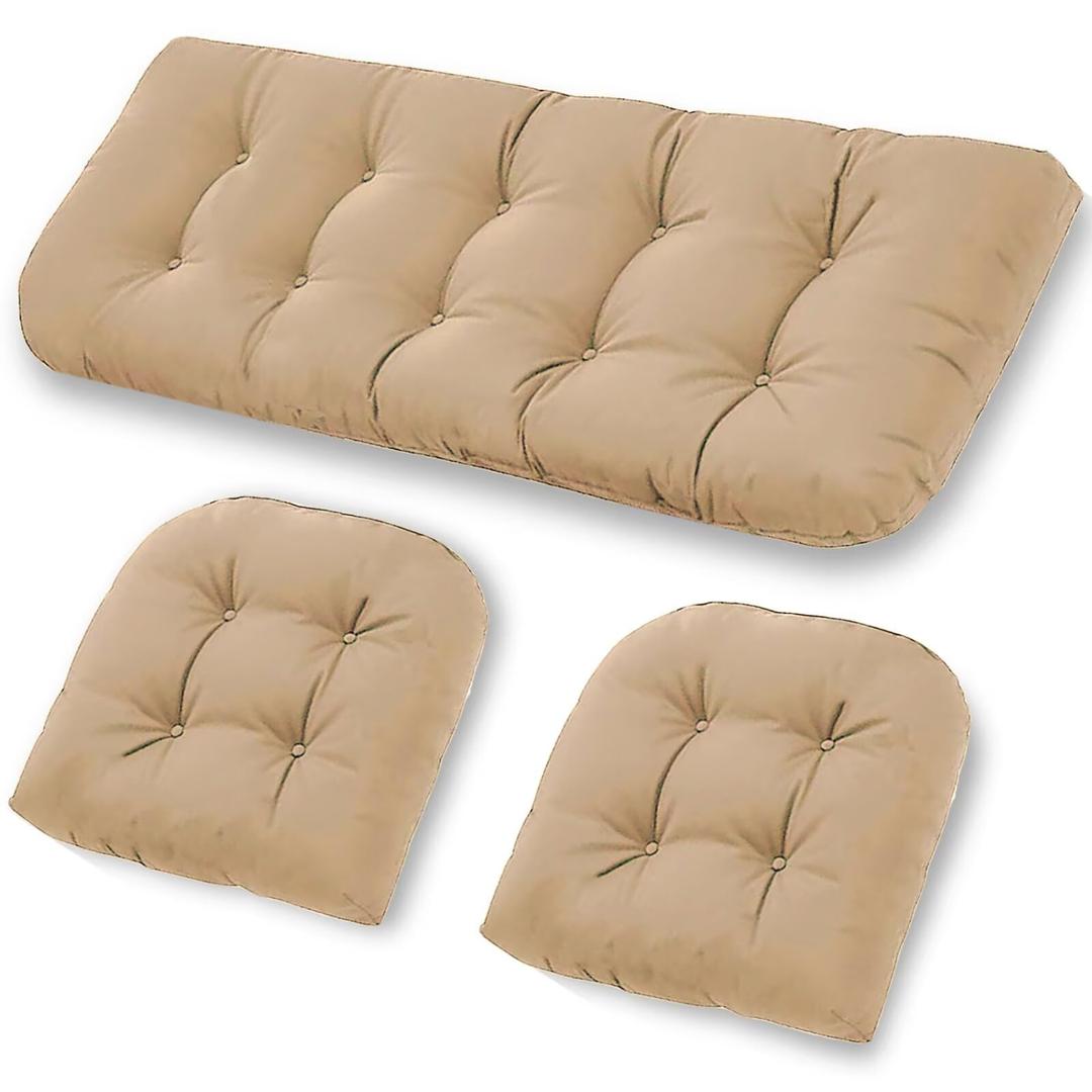 cnsmak Patio Furniture Cushions Outdoor, Waterproof Wicker Chair Cushions Set of 3, 1 Loveseat & 2 Seat Pads, Thick Outdoor Replacement Cushions for Porch Lawn Bench Couch Sofa Swing, Khaki