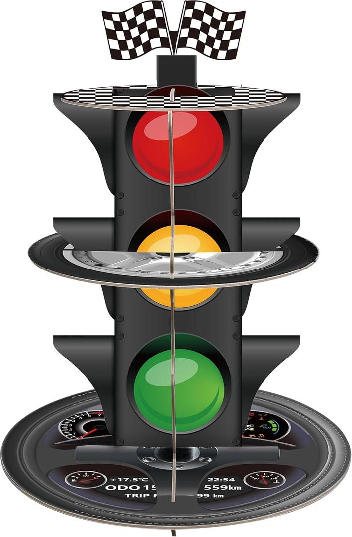 3-Tier Race Car Theme Cupcake Stand Racing Birthday Party Decoration Round Cardboard Cupcake Stand for Cars Birthday Decorations Race Car Party Supplies