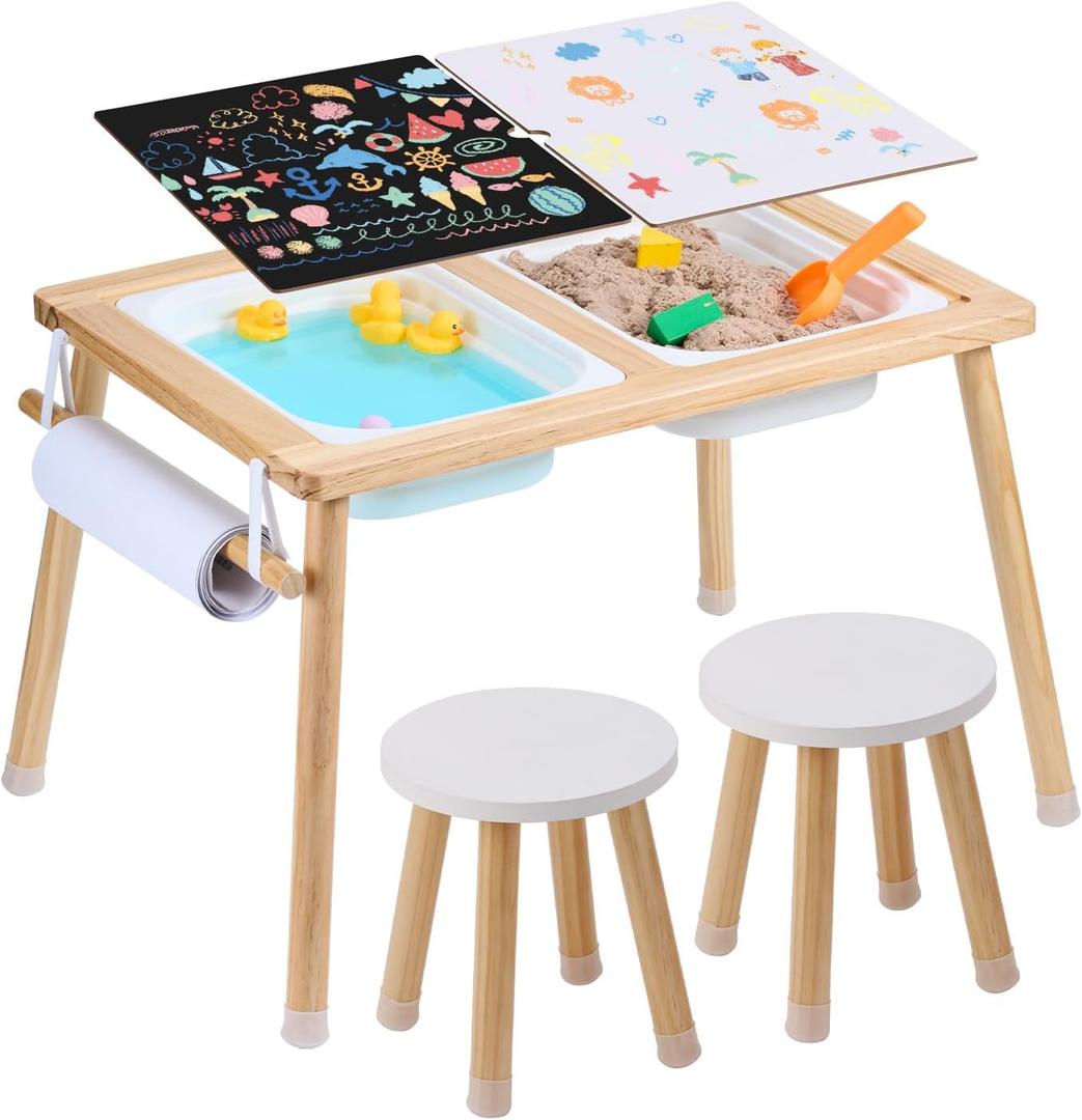 VEVOR Sensory Table and Chairs Set, Toddlers Activity Table with 2 Stools, 2 Storage Bins & Paper Roll Holder, Indoor/Outdoor Play Sand and Water Table, Wooden Kids Sensory Table - Gift for Boys Girls, 23.6 X 32.1 X 19.9 Inches