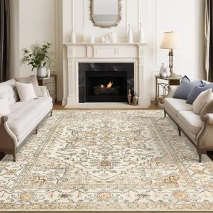 Area Rugs for Living Room - 9x12, Boho Non-Slip Low Pile Carpet Machine Washable Rugs for Bedroom, Farmhouse, Office, Dining Room (Gold)