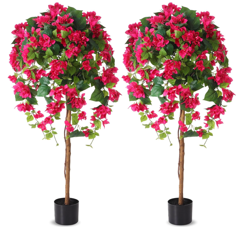 Giegxin 5 ft Bougainvillea Artificial 2 Pcs Artificial Bougainvillea Tree with Flowers in Plastic Pot Tall Floor Plant Faux Blooming Tree Large Fake Plants for Outdoor Indoor(Rose Red)