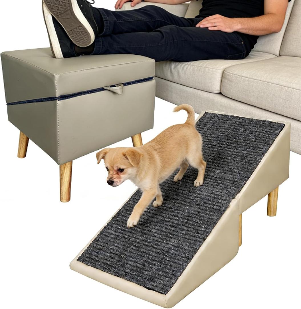 Split Ottoman Dog Ramp for Couch & Bed, 2-in-1 Foldable Dog Stairs with Non-Slip Surface, Solid Wood Pet Ramp for Small & Senior Dogs, Gentle 23 Incline, Modern Furniture Style