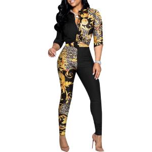 Glozeplus 2 Piece Outfits for Women Sexy Bodycon Long Sleeve Crop Tops Long Pants Sets Floral Print Tracksuits Jumpsuits (Medium, Colorful10884-6)