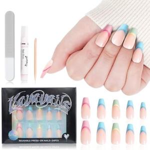 VAVAVAILS French Tip Press On Nails Long Coffin, Salon-Grade Fake Nails Manicure for Women, Easy Application, Reusable & Durable, 12 Sizes - 24 Pcs with Glue & Jelly Gel, Colorful