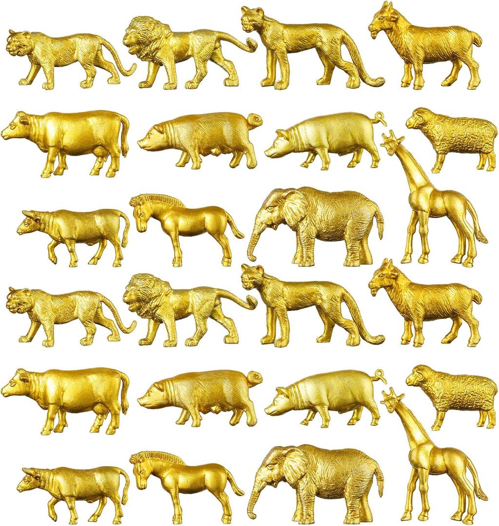 Deekin 24 Pcs Gold Plastic Animal Figurines Toys Zoo Safari Animals Figures Safari Figurines Decor Mini Jungle Cake Toppers for Themed Birthday Party