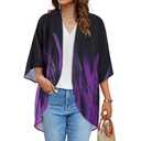 Women's Floral Kimono Print Puff Sleeve Loose Cardigan Cover Up Casual Blouse Tops (Turbo Purple Black, 2XL)
