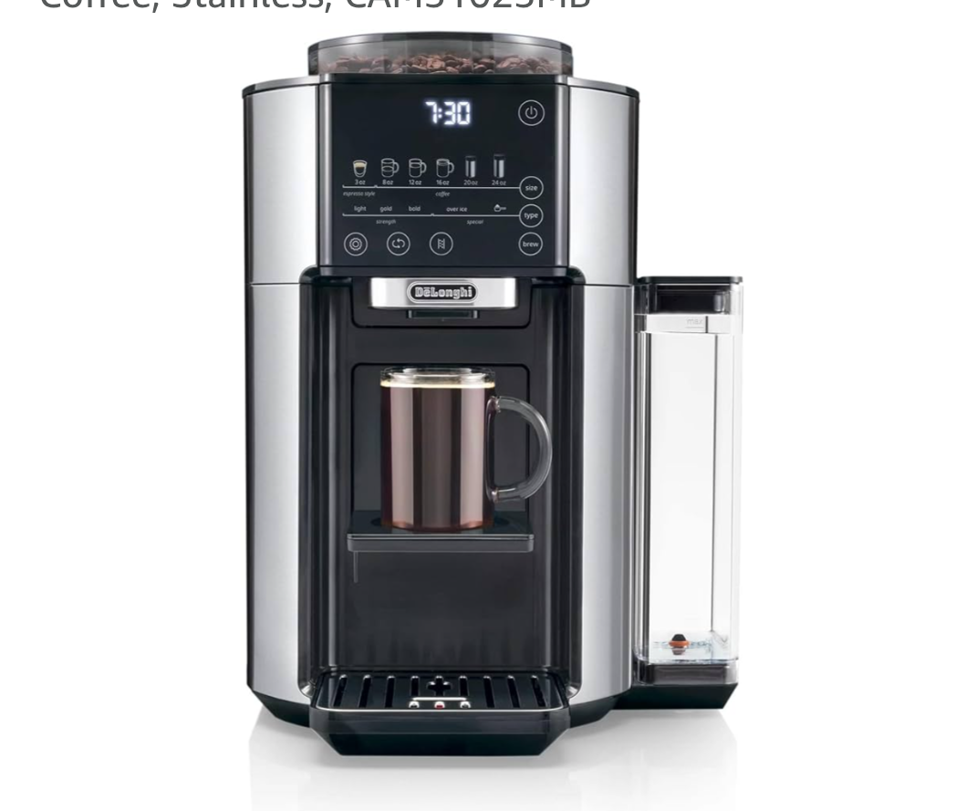 De'Longhi TrueBrew Drip Coffee Maker, Built in Grinder, Single Serve, 8 oz to 24 oz, Hot or Iced Coffee, Stainless, CAM51025MB