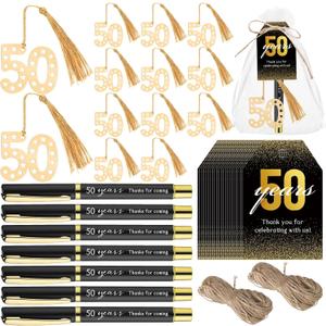 Spakon 50 Set 50th Birthday Party Favor for Guest Anniversary Party Favor Golden Birthday Bookmark Thanks for Coming Pen with Tag Appreciation Gifts for Women Men Wedding New Year
