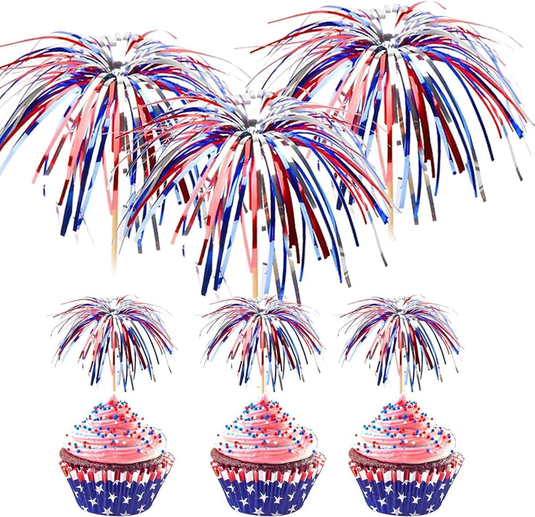 100 Pack 4th of July Cocktail Picks,6inch Patriotic Fireworks Toothpicks for Appetizers,Red White Blue Bamboo Skewers Foil Cupcake Toppers Drink Sticks for Independence Day Party Decorations