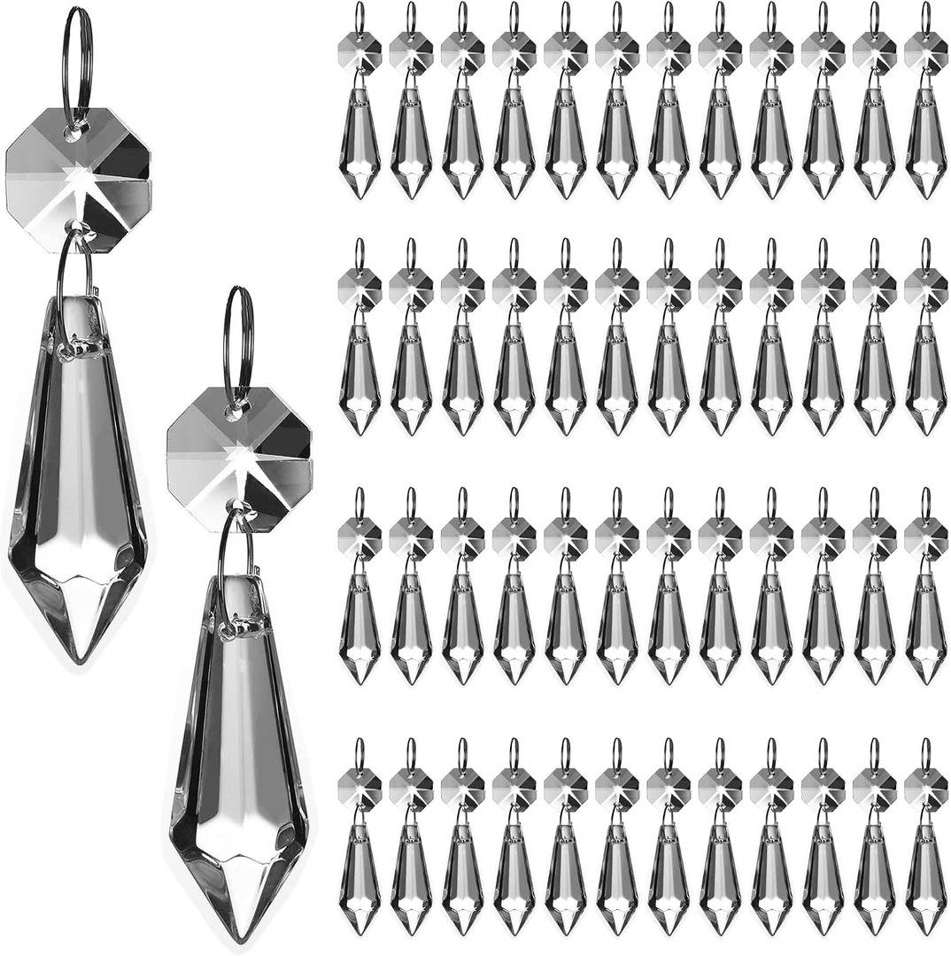 HDCRYSTALGIFTS 50Pack Clear Crystal Icicle Prism 2.4'' Glass Chandelier Crystals Pendant Drop Loose Beads Suncatcher for Home/Window/Holiday Party Decoration Chandelier Replacement Parts