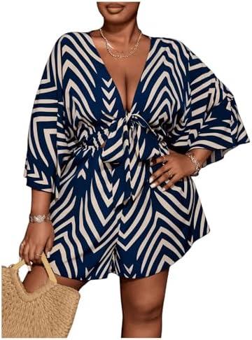 SOLY HUX Women's Plus Size Romper Striped V Neck Tie Front 3/4 Sleeve Loose Short Jumpsuit, Size XL