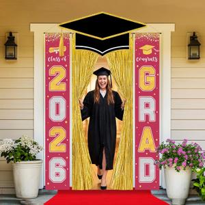 6 Pcs Large Class of 2026 Graduation Door Decoration with Red Carpet Graduation Cap Door Banner Grad Porch Sign Gold Foil Fringe Backdrop Curtain for High School College Party Decor(Red)