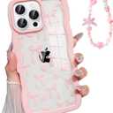 for iPhone 16 Pro Max Wavy Clear Silicone Bow Ribbon Women Trendy Cute Kawaii Girly Aesthetic Protective Shockproof Phone Cases with Beaded Phone Strap Lanyard Pink