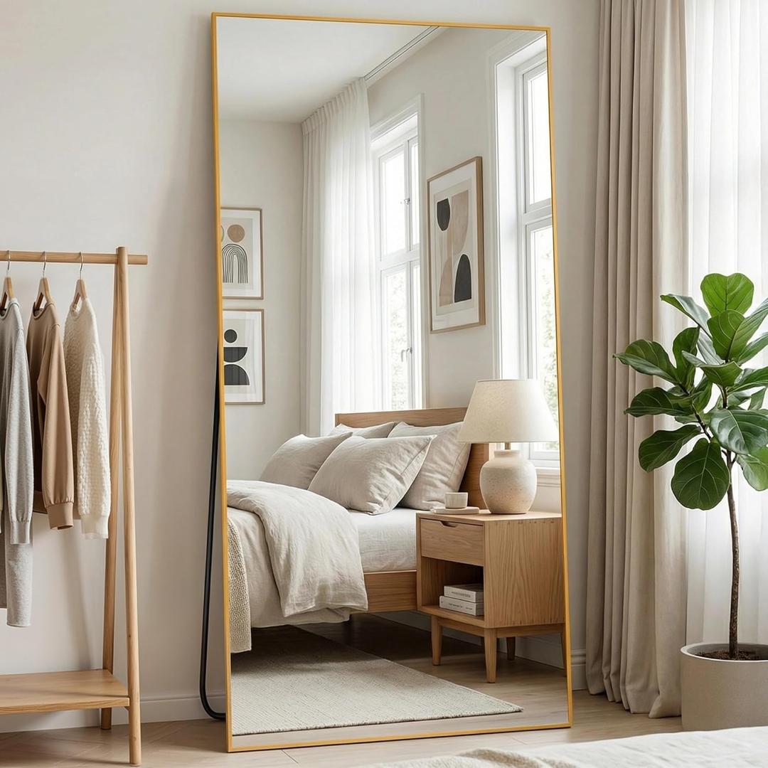 Full Length Mirror, 79"x32" Full Body Mirror, Floor Mirrors with Stand, Body Mirrors Standing Hanging Leaning Against Wall,Aluminum Frame Mirrors for Bedroom Cloakroom,Living Room,Gold