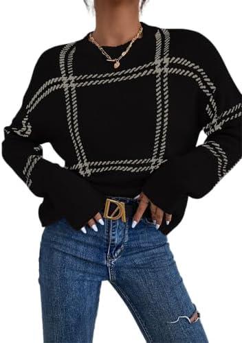 FOTKLAX Women's Pullover Knit Sweater Plaid Crew Neck Long Sleeve Knitted Cute Trendy Cozy Sweaters for Fall and Winter.M