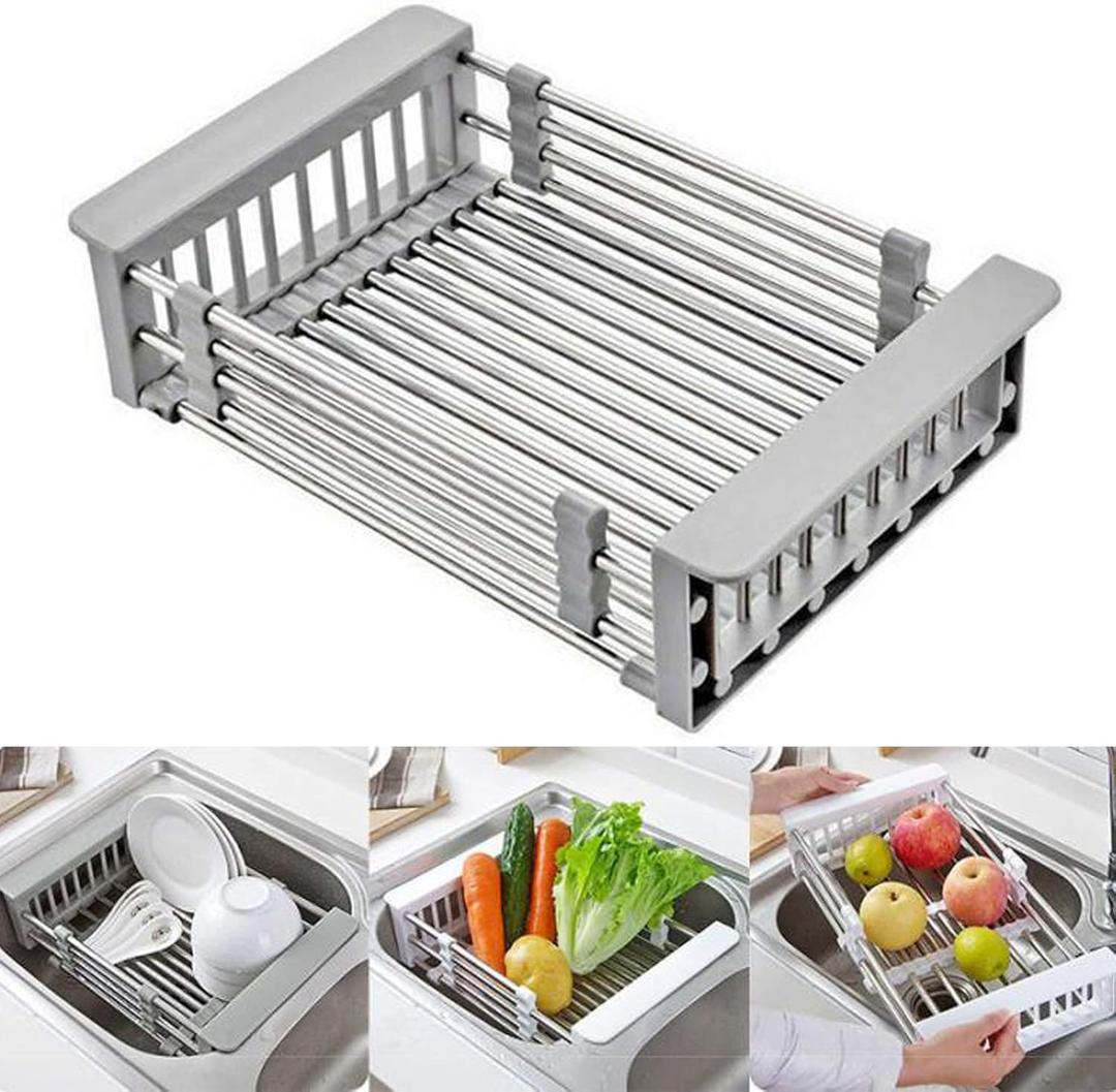 CARNAVAL Stainless Steel Kitchen Drying Rack, Retractable Drain Basket with Adjustable Armrest, Over The Sink Dish Drying Rack
