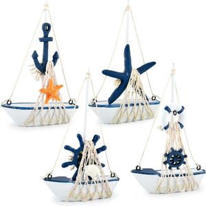 BUYGOO 4 Pieces Miniature Sailboat Model Decor, Vintage Nautical Handmade Wooden Sailboat Decor, Suitable for Beach Nautical Home