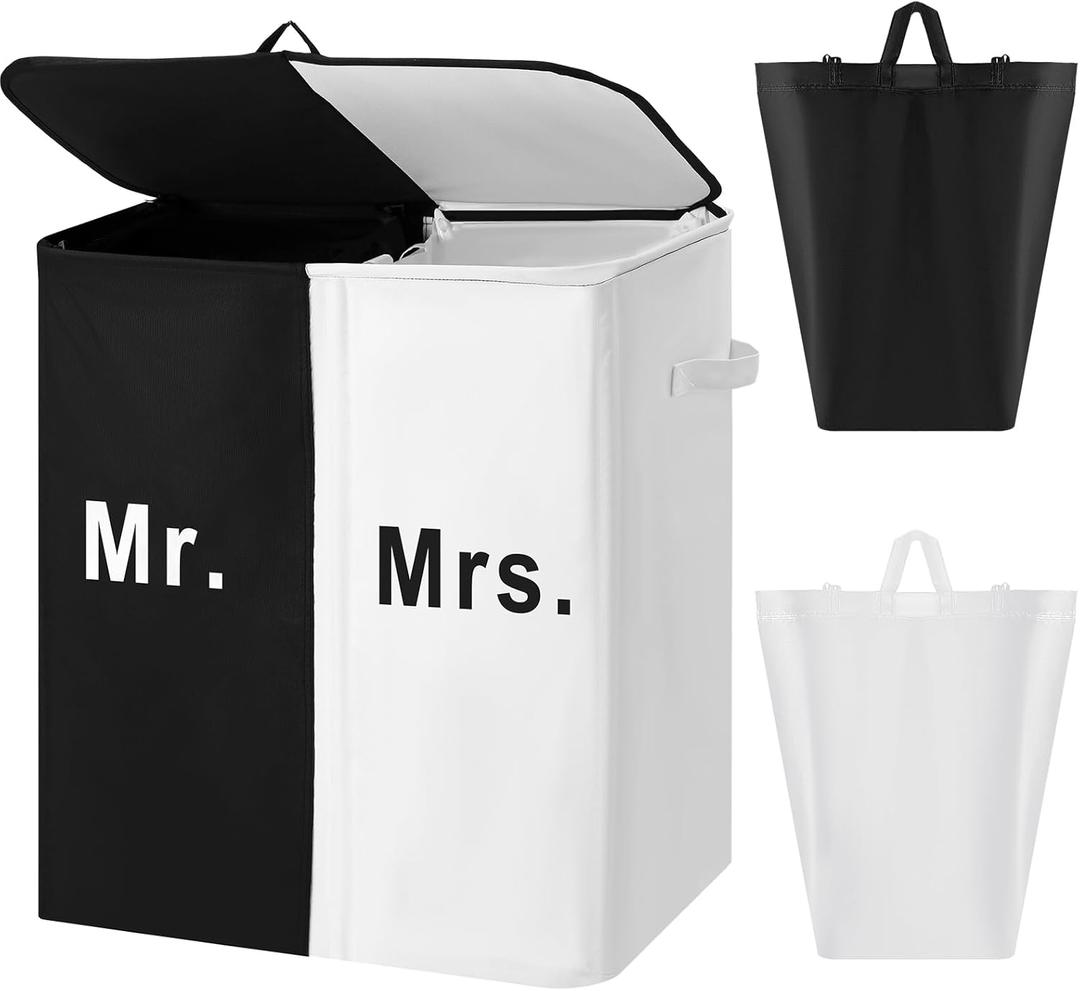 154L Large Double Laundry Hamper with Lid and Removable Bags Laundry Basket 2 Section Collapsible Dirty Clothes Hamper for Bathroom Bedroom for Husband&Wife Parents or Couple (Mr., Mrs.)