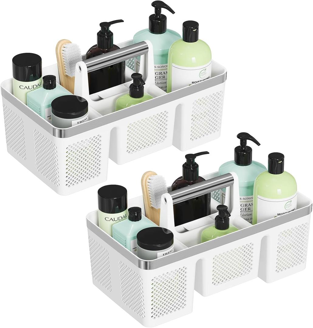 BYUNER 2Pack Plastic Shower Caddy: Portable Shower & Bathroom Caddy Tote with Handle, 4 Divided Compartments, Hard Plastic Shower Basket with All-Side Drainage for College Dorm Room Essentials