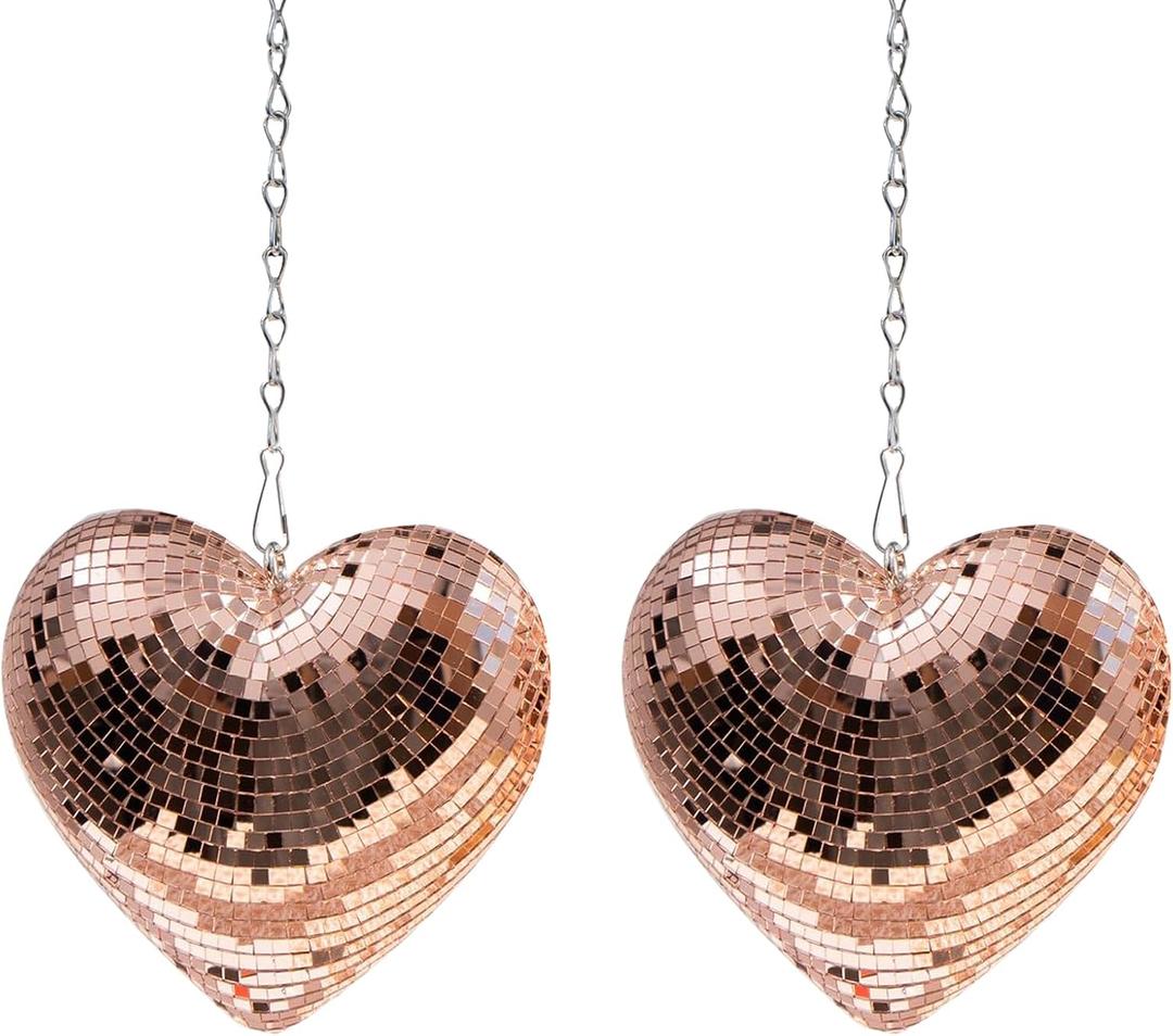 6 Heart Shaped Disco Ball - 2 Pack Rose Gold Mirror Disco Balls with 20" Chains for Valentines Day Gift Party, Reflective Hanging Disco Decor Retro Decor for Cafe, Desk, Room, Home, Bar