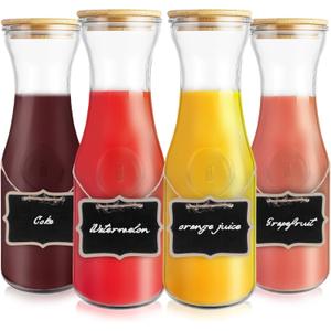 Glass Carafe with Bamboo Lid,35 Oz Beverage Dispensers Juice Bottles,Mimosa Bar Supplies,Clear Glass Pitcher with Name Labels for Iced Tea,Coffee,Juice(Set of 4)