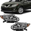 Fit for 2014-2016 Nissan Rogue Headlights Assembly Halogen Headlamp with LED DRL Black&Chrome Housing Amber Reflector Replacement Left & Right Side (without Bulbs)
