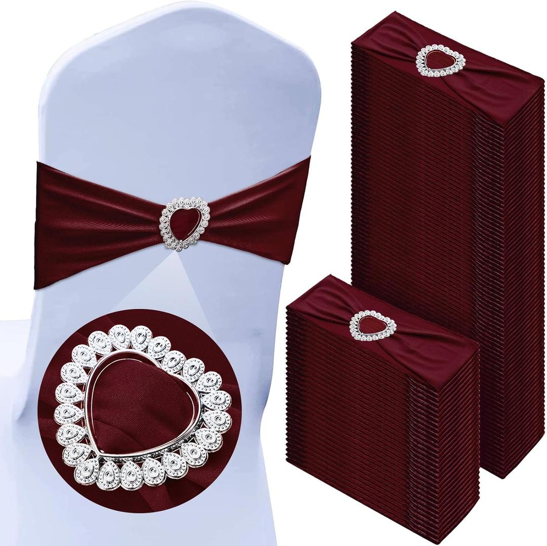 100 Pcs Spandex Chair Sashes with Heart Shaped Buckle Slider Stretch Chair Cover Band Universal Elastic Ties for Wedding Banquet Event Party Decoration(Burgundy)