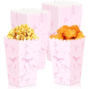 JeVenis 20Pcs Pink Bow Popcorn Boxes Bow Party Favor Bags Bow Gift Treat Goodies Candy Boxes for Birthday Baby Shower Bachelorette Party Supplies